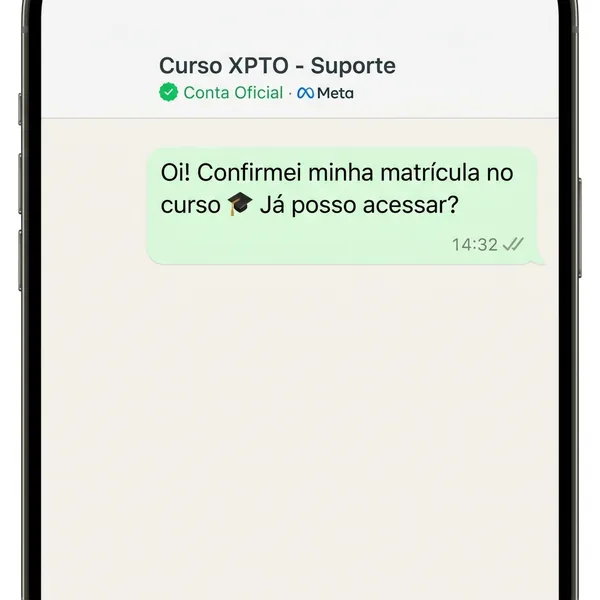 Screenshot de WhatsApp Business com selo Conta Oficial Meta recebendo mensagem de aluno confirmando matrícula