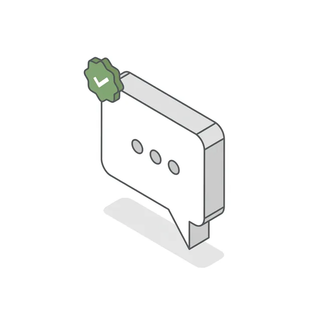 Ilustração isométrica de balão de chat com selo Meta oficial